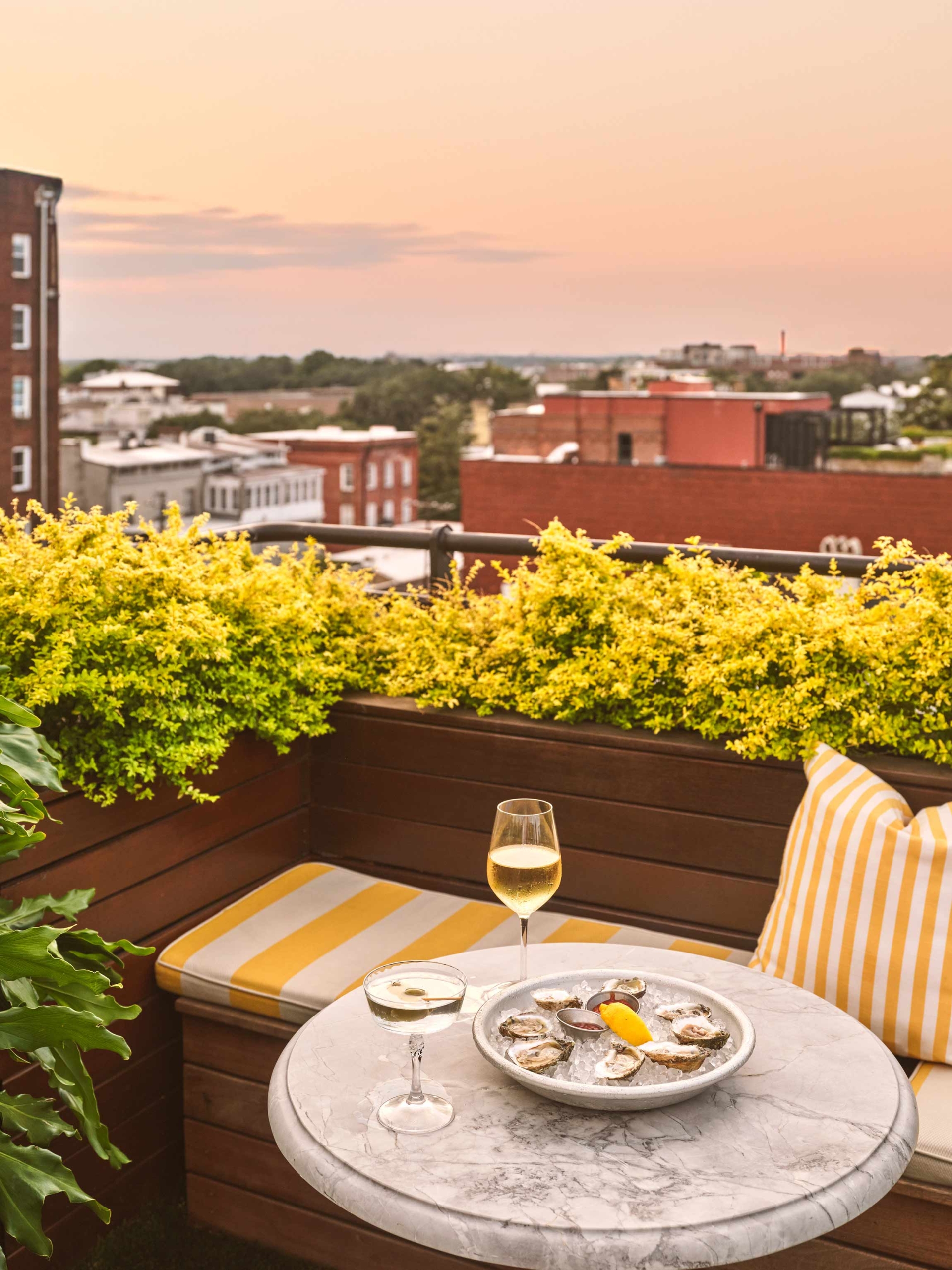 Balcony view with table of drinks and oysters